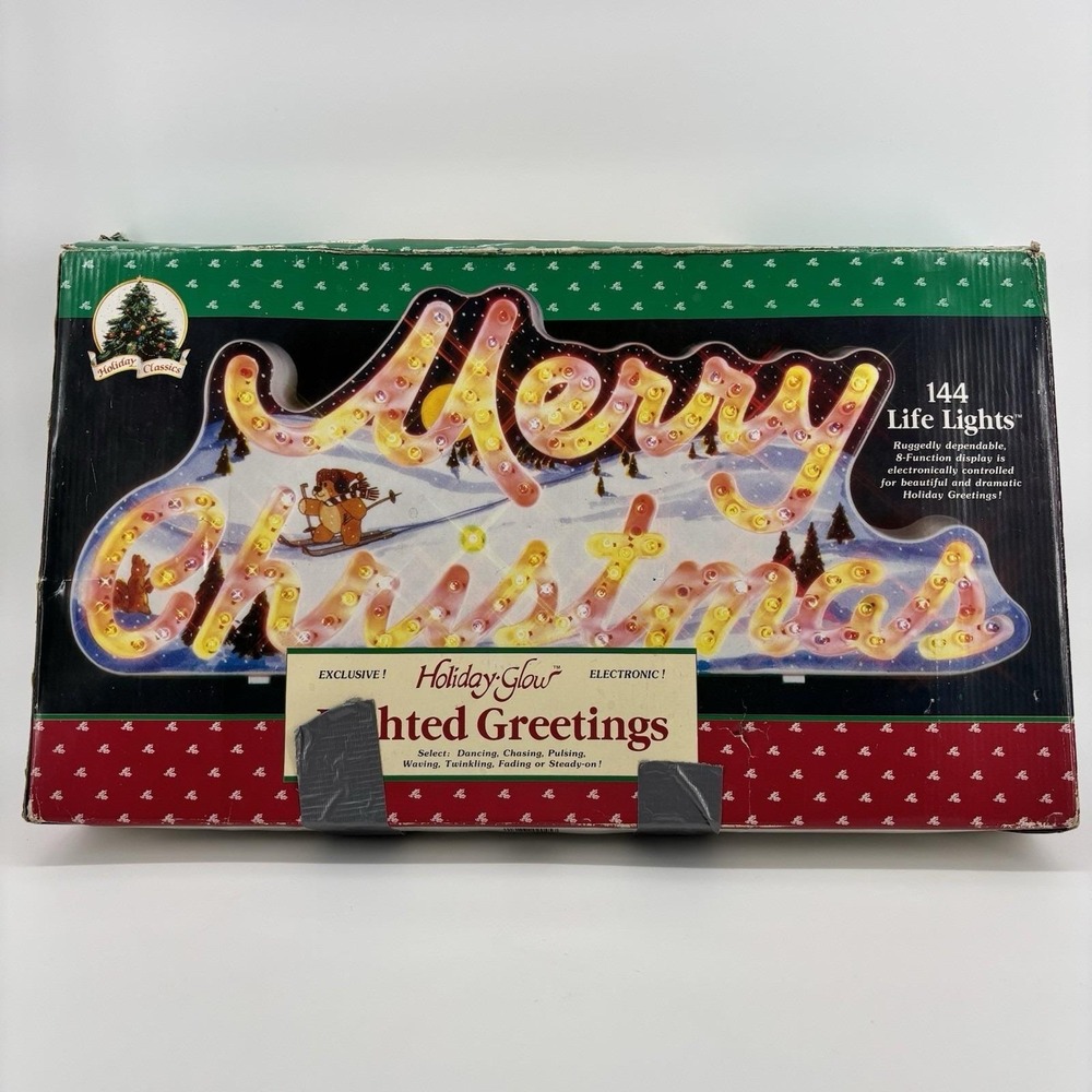 Vtg 1992 Holiday Glow Merry Christmas Lighted Sign 144 Lights 8 functions Works!